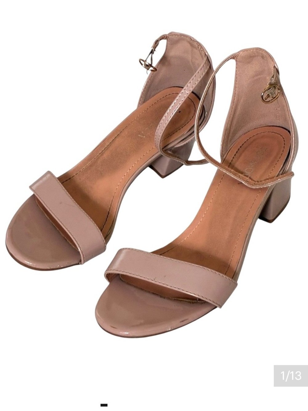 Top Moda | Mauve strappy tall square heel one strap patent leather sandals size
